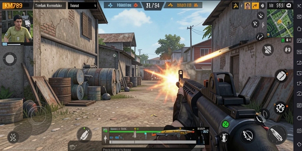 Screenshot gameplay KM789 menampilkan aksi tembak-menembak yang seru.