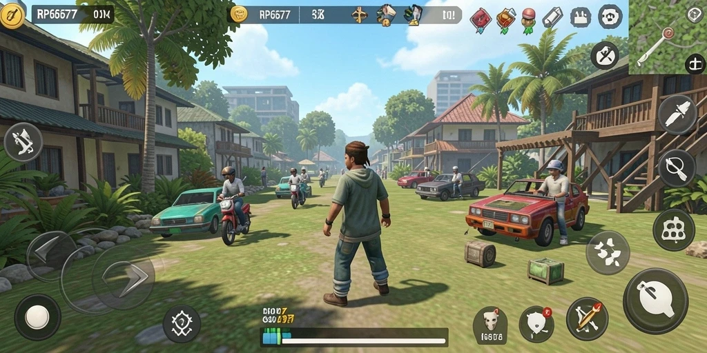 Screenshot gameplay RP6677 menunjukkan karakter berinteraksi dalam dunia virtual.