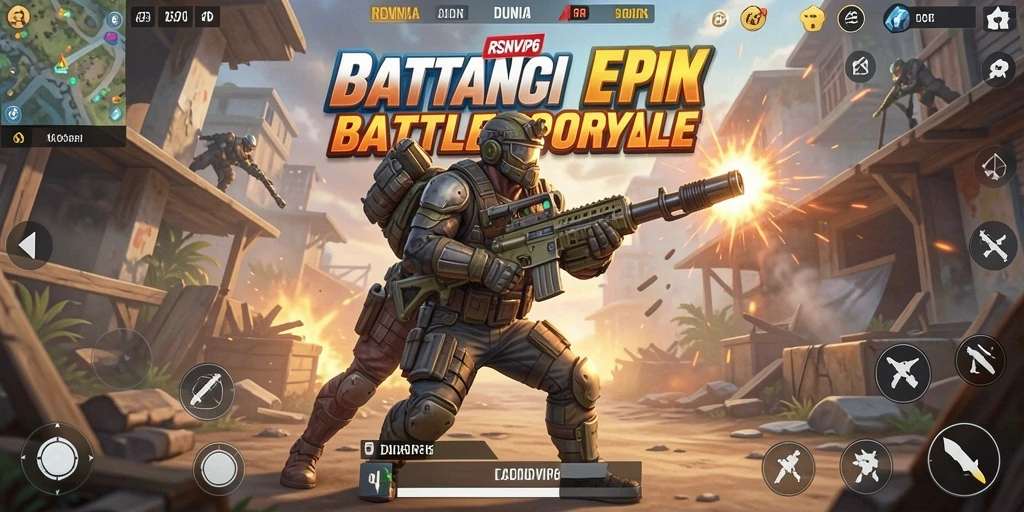 Screenshot utama RSNVIP6 menampilkan aksi pertempuran Battle Royale yang mendebarkan.