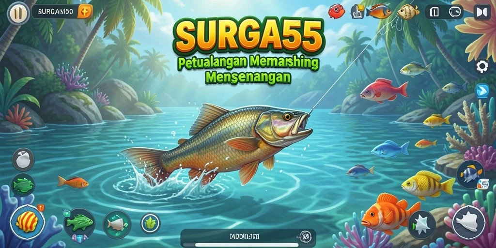 Tampilan gameplay SURGA55 saat menangkap ikan dengan berbagai alat.