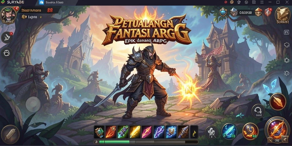 Screenshot gameplay <strong>SURYA88</strong> menampilkan pertempuran epik di dunia fantasi.